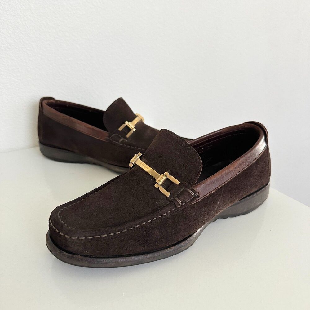 Vintage Salvatore Ferragamo Suede Penny Loafer Gold Buckle Brown Men's Size 8